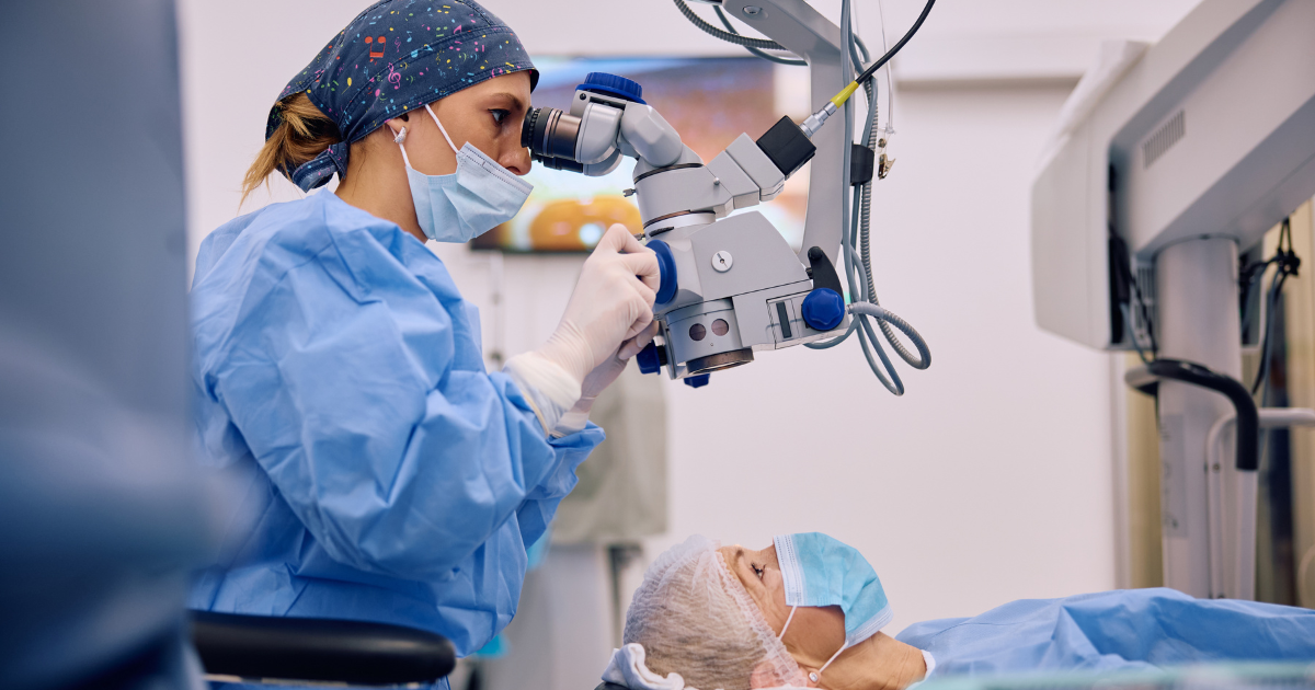 A woman undergoing an advanced treatment for presbyopia.