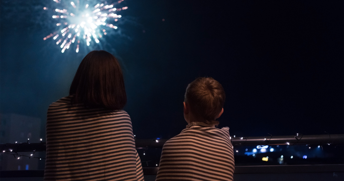 A mom and son watching a fireworks show.