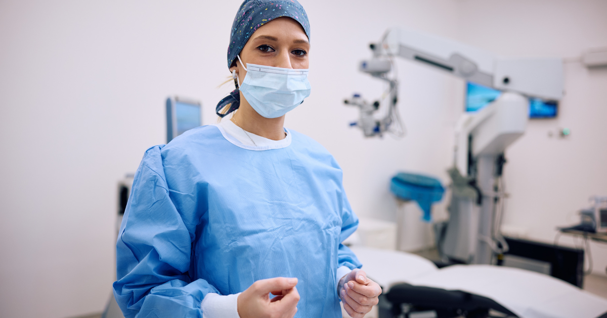 An eye doctor getting ready to preform introcular cataract eye surgery.
