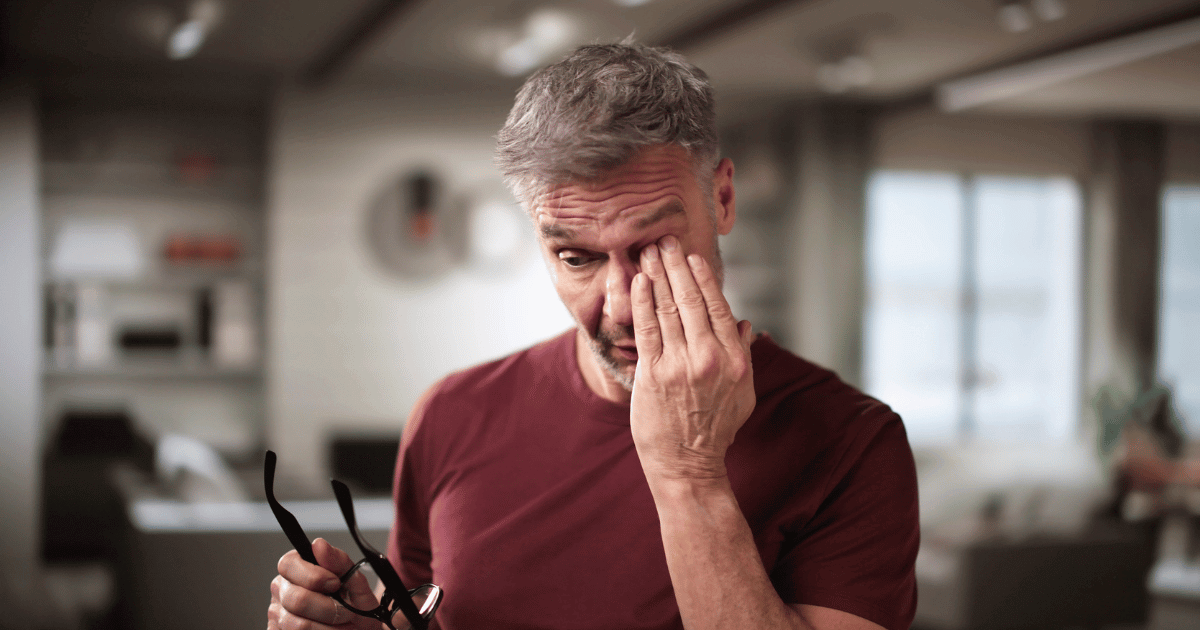A man rubbing his eye because his symptoms of diabetic retinopathy.